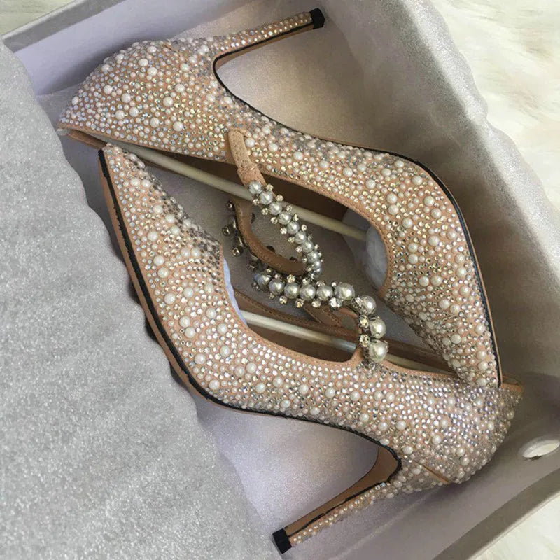 LIZAKOSHT Luxury Brand Women Rhinestone Pumps Pointed Toe Heel String Bead Wedding Shoes Women Elegant Design High Heels Ladies Pumps