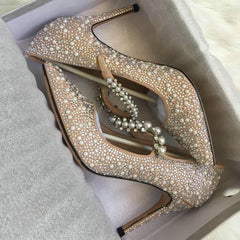 LIZAKOSHT Luxury Brand Women Rhinestone Pumps Pointed Toe Heel String Bead Wedding Shoes Women Elegant Design High Heels Ladies Pumps