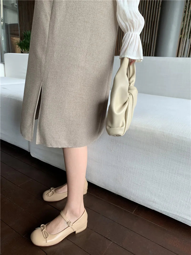 LIZAKOSHT  -  Women Mary Janes Shoes Genuine Leather Low Heel Pumps Bow Round Toe Female Shoes Block Heels Dress Footwear Orange 40