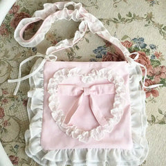LIZAKOSHT  -  Japanese Lolita Soft Girl Folds Ruffled Lovely Peach Heart Bowknot Canvas Messenger Bag Campus Student Style Kawaii Girl Bag
