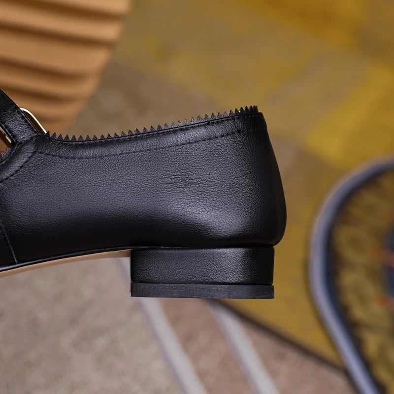 LIZAKOSHT  -  Soft Genuine Leather Flats Women Autumn Mary Jane Shoes Sawtooth Cut Embroidery Floral Buckle Strap Patchwork Daily Footwear