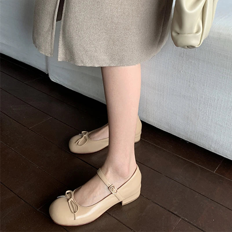LIZAKOSHT  -  Women Mary Janes Shoes Genuine Leather Low Heel Pumps Bow Round Toe Female Shoes Block Heels Dress Footwear Orange 40