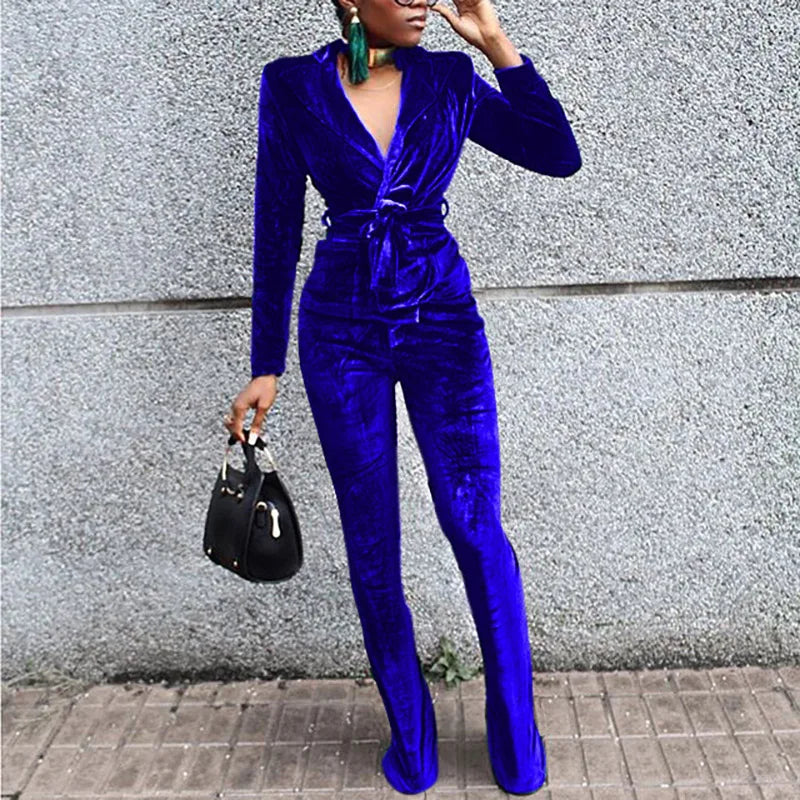 LIZAKOSHT  -  Women Retro Flare Pants Suit Office Blazer Solid Jackets Elegant Coats Female 2 Piece Sets Slim Outfit With Belt High Waist