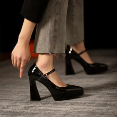 LIZAKOSHT  -  Cow Patent Leather Shoes Woman Thick Sole Platform Shoes High Heels Pumps Mary Janes Buckle Square Toe Summer Shoes Handmade