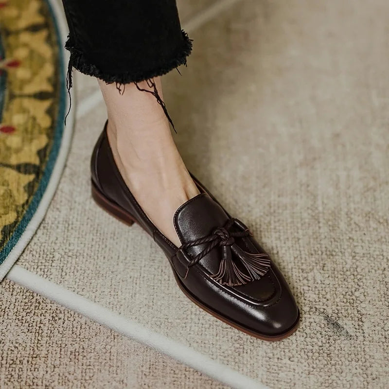 LIZAKOSHT  -  Retro Tassel bow-knot small leather shoes women loafers square toe low heels oxfords woman ins genuine leather fringe flats