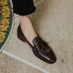 LIZAKOSHT  -  Retro Tassel bow-knot small leather shoes women loafers square toe low heels oxfords woman ins genuine leather fringe flats