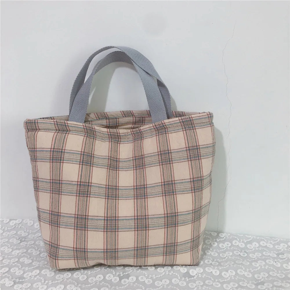LIZAKOSHT  -  Women Plaid Lunch Bag Portable Canvas Food Picnic Travel Convenient Women Handbag Lattice Tote Cold Bales Thermal Lunch Box