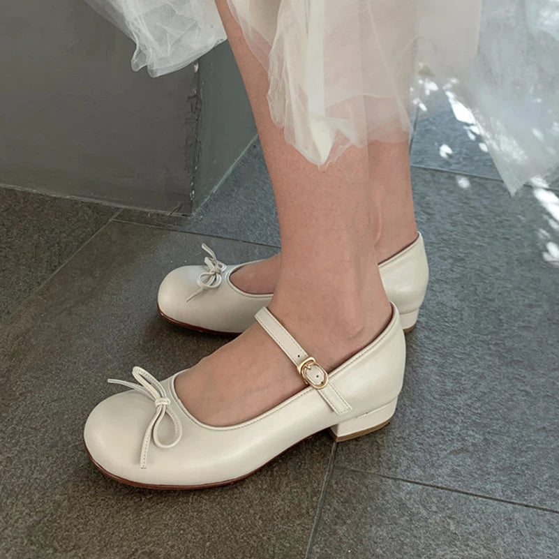 LIZAKOSHT  -  Women Mary Janes Shoes Genuine Leather Low Heel Pumps Bow Round Toe Female Shoes Block Heels Dress Footwear Orange 40