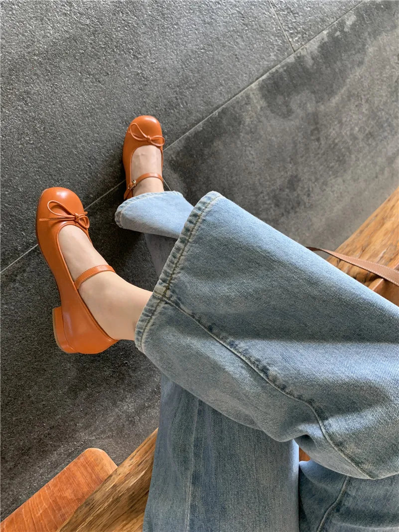 LIZAKOSHT  -  Women Mary Janes Shoes Genuine Leather Low Heel Pumps Bow Round Toe Female Shoes Block Heels Dress Footwear Orange 40