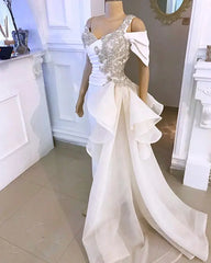 LIZAKOSHT  -  White Prom Jumpsuit with Crystal Detailing and Detachable Side Peplum Tail Off shoulder Mermaid Evening Gown Pant Suit