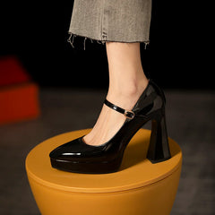 LIZAKOSHT  -  Cow Patent Leather Shoes Woman Thick Sole Platform Shoes High Heels Pumps Mary Janes Buckle Square Toe Summer Shoes Handmade