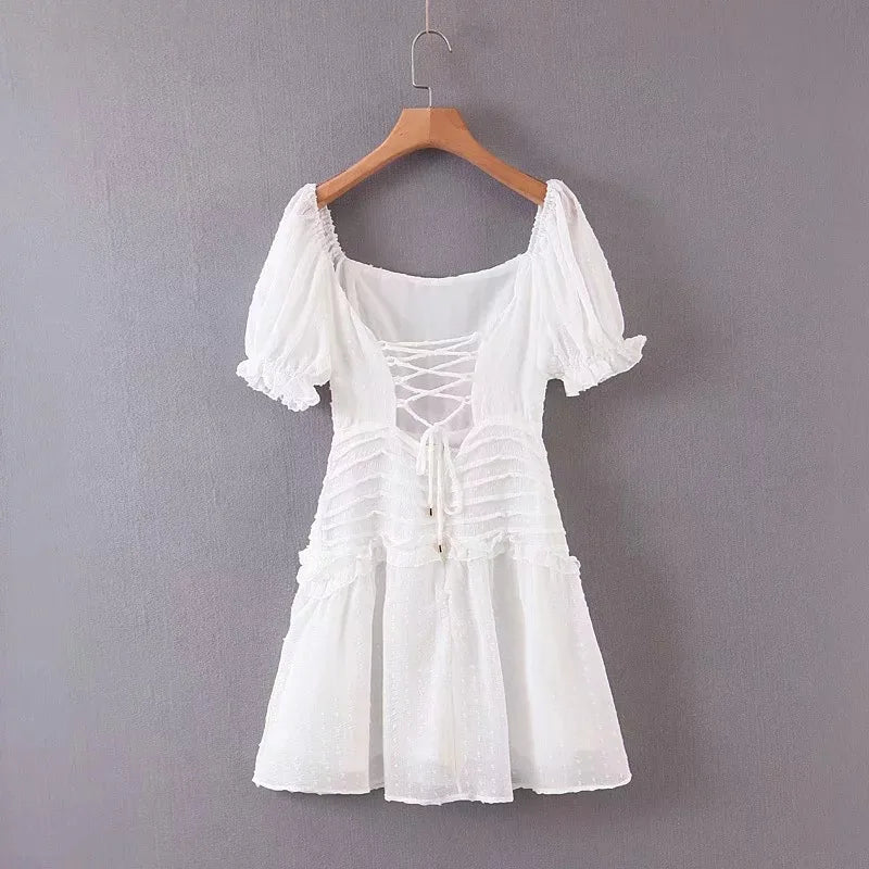 LIZAKOSHT  -  white mini dress women vintage short Puff Sleeve Cotton sexy backless lace up elegant ladies dresses summer vestidos