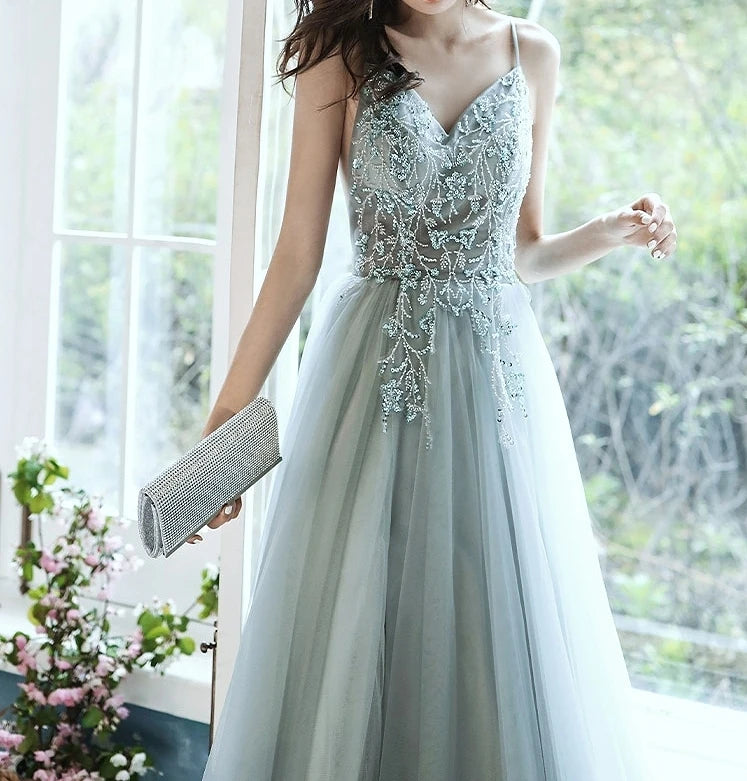 LIZAKOSHT -  Fresh Green Celebrity Dresses A-line Split Fork Beading Spaghetti Strap Carpet Floral Print Party Evening Gowns Elegant