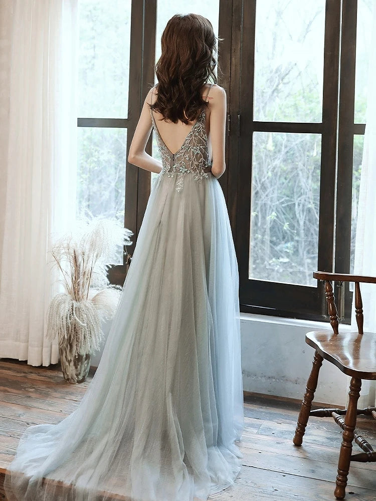LIZAKOSHT -  Fresh Green Celebrity Dresses A-line Split Fork Beading Spaghetti Strap Carpet Floral Print Party Evening Gowns Elegant