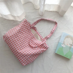 LIZAKOSHT  -  Fashion Cotton Plaid Shoulder Bag Daily Environmental Durable Cloth Reusable Shopping Tote Women Travel Handbag