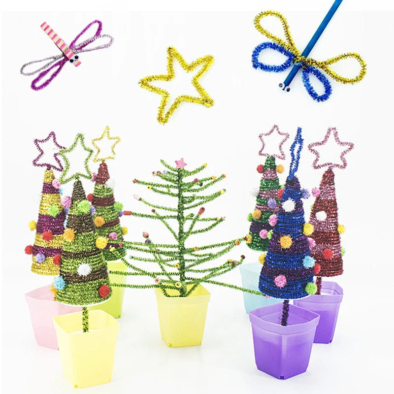 100pcs Glitter Chenille Stems Pipe Cleaners Plush Tinsel Stems Wired Sticks Kids Educational DIY Craft Supplies Toys Craft