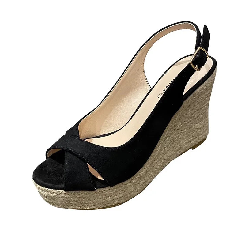 LIZAKOSHT -  cross band peep toe platform sandals women brand straw bottom high heels summer wedges shoes woman flock gladiator sandalias