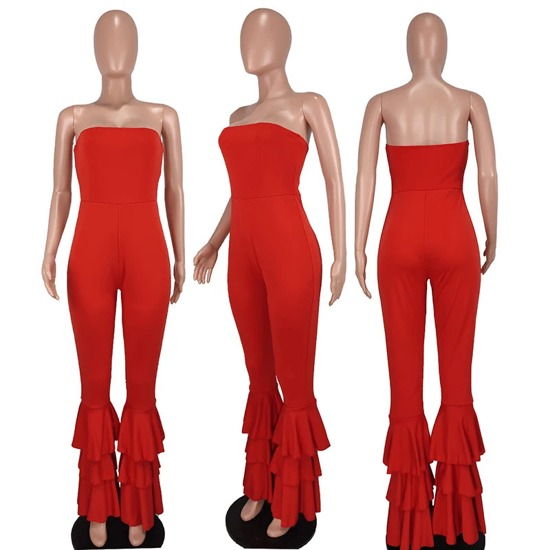 LIZAKOSHT  -  Women Strapless Bodycon Sexy Casual Jumpsuit Red Fashion New Backless Rompers Stacked Flared Pants Streetwear Overalls One Piece