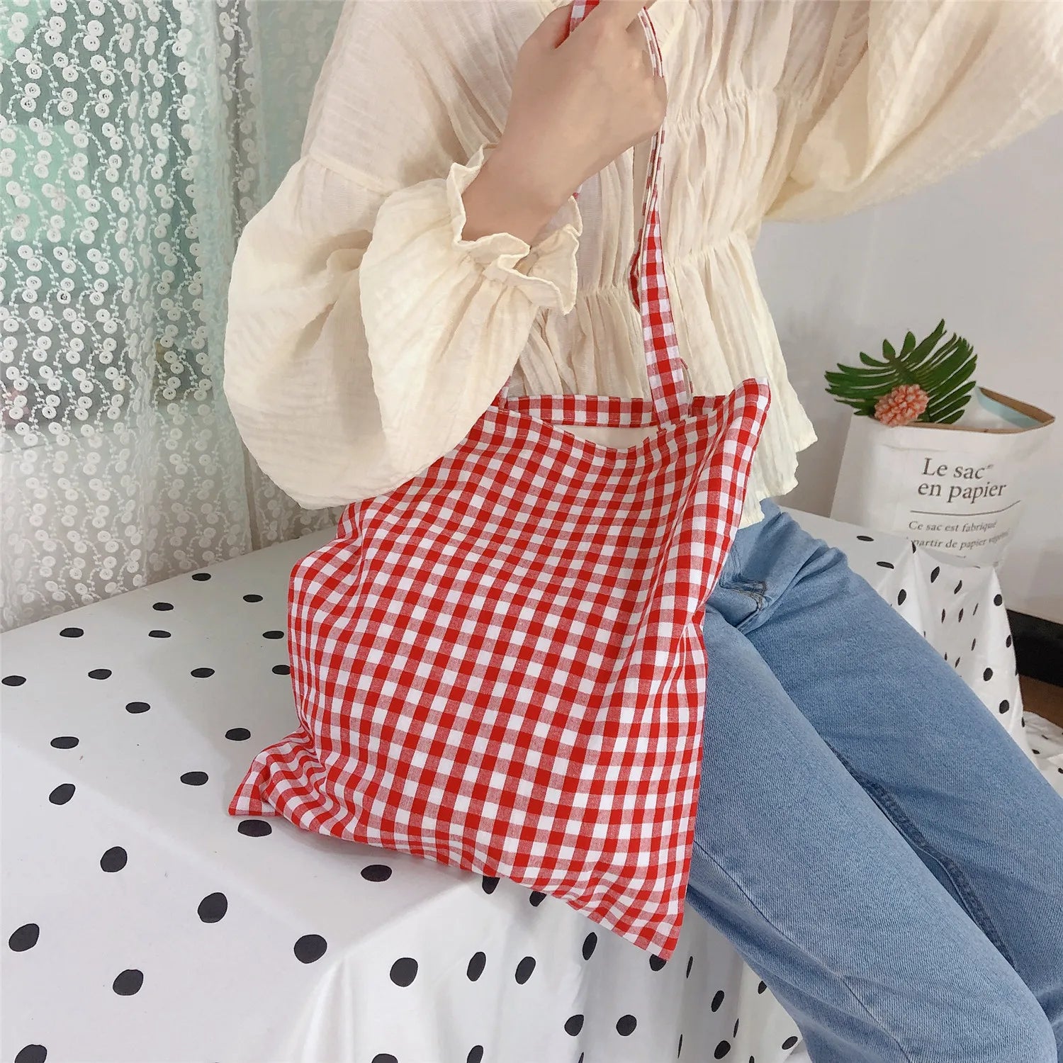 LIZAKOSHT  -  Women Cloth Eco Bag Korean Canvas Shoulder Large Shopping Bags Plaid Ladies Pouch Girls Book Handbags Bolsa Feminina Bolsa Tela