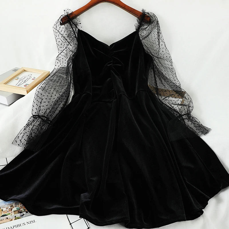 LIZAKOSHT  -  Vintage Hong Kong style velvet black temperament long-sleeved dress for women dress kawaii girl gothic lolita op loli cosplay
