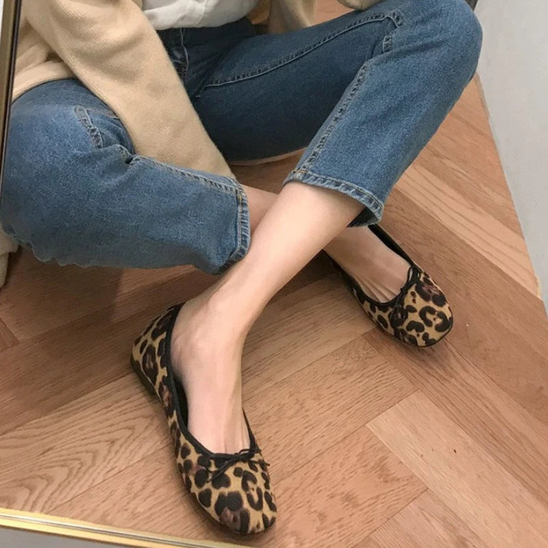 LIZAKOSHT -  leopard flock single shoes woman bow-tied shallow loafers new comfort slip on lazy moccasins leisure round toe ballet flat shoes