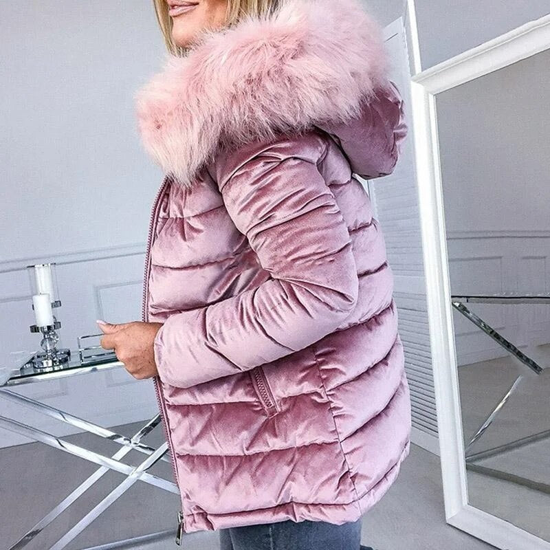 Lizakosht Winter Velvet Jacket Jacket Women's Cotton Padding Fashion Hooded Fur Collar Thick Warm Jacket Winter Snow Jacket Streetwear