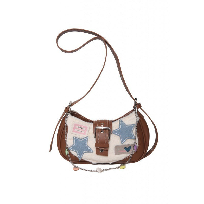 Harajuku Bag Y 2000 Xi Plush Underarm Bag Niche Five-Pointed Star Crossbody Crescent Shoulder Bag Women's Bag