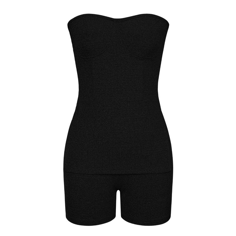 LIZAKOSHT  -  Two-piece Set Women's Minimalist Solid Split Hem Tube Top & Elastic Waist Shorts Two-piece Set, Lady Comfort Sleeveless Strapless Top & Skinny Shorts, Casual Summer Outfits Clothes Set for Outdoor Holiday, Womenswear Suits