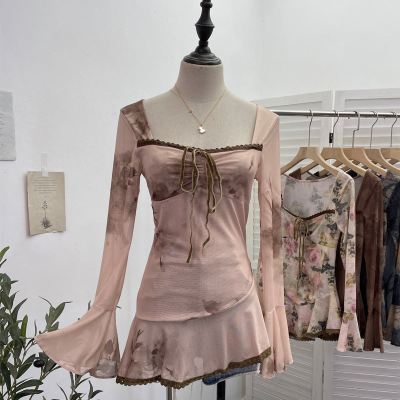 2000s fashion Spring and Summer New French Square Collar Lace-up Blooming Flared Long-Sleeved Top Lace Edge Design T-shirt