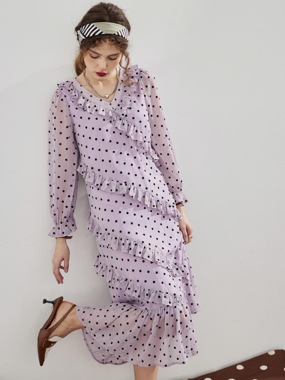 Lizakosht Summer Vintage Women Maxi Ruffle Dress Long Sleeve Cake Dress Polka Dot Print Sexy Maxi Tunic Beach Dress Vocation