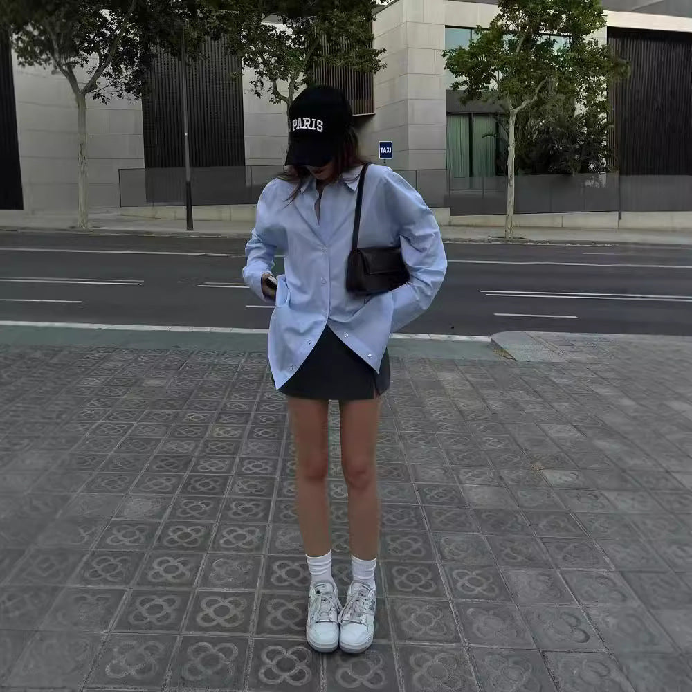 leapord halloween outfit INS Women's Autumn Long-Sleeved Shirt Solid Color Casual Loose Lapel Shirt Top