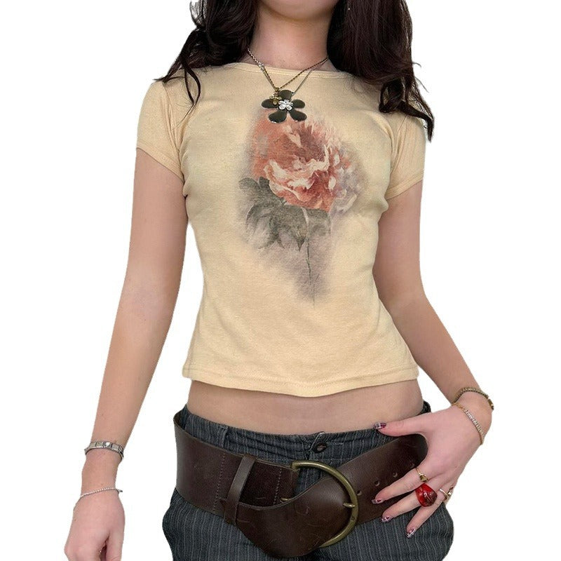 LIZAKOSHT  -  Women's Gradient Rose Print Short-sleeved T-shirt, Round Neck Retro Slim Fit Basic All-match Top