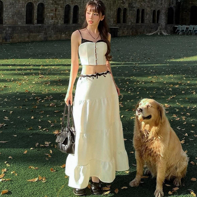 picture day outfit French Style Fresh Holiday Style Contrast Color Stitching Camisole + Word Large Swing over the Knee Skirt Suit Women's Summer