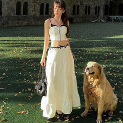 picture day outfit French Style Fresh Holiday Style Contrast Color Stitching Camisole + Word Large Swing over the Knee Skirt Suit Women's Summer