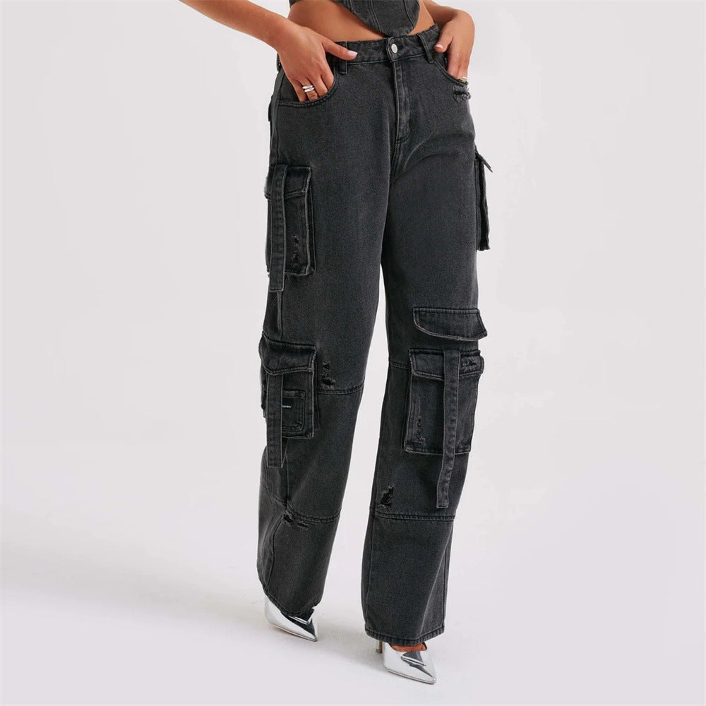 LIZAKOSHT  -  Cross-border European and American New Personalized Multi-pocket Wide-leg Overalls for Women in Autumn, Slim and Versatile Straight Jeans for Women