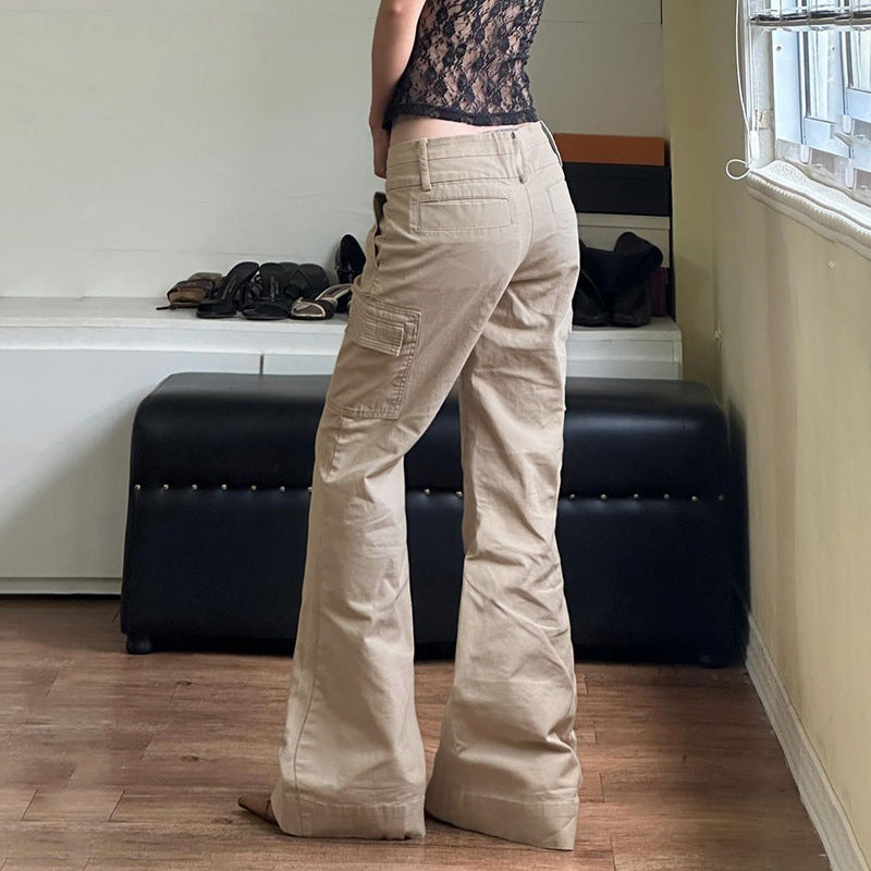 American Style Retro Pocket Low Waist Denim Flared Pants Hot Girl Personality Casual All-Match Loose Slimming Trousers