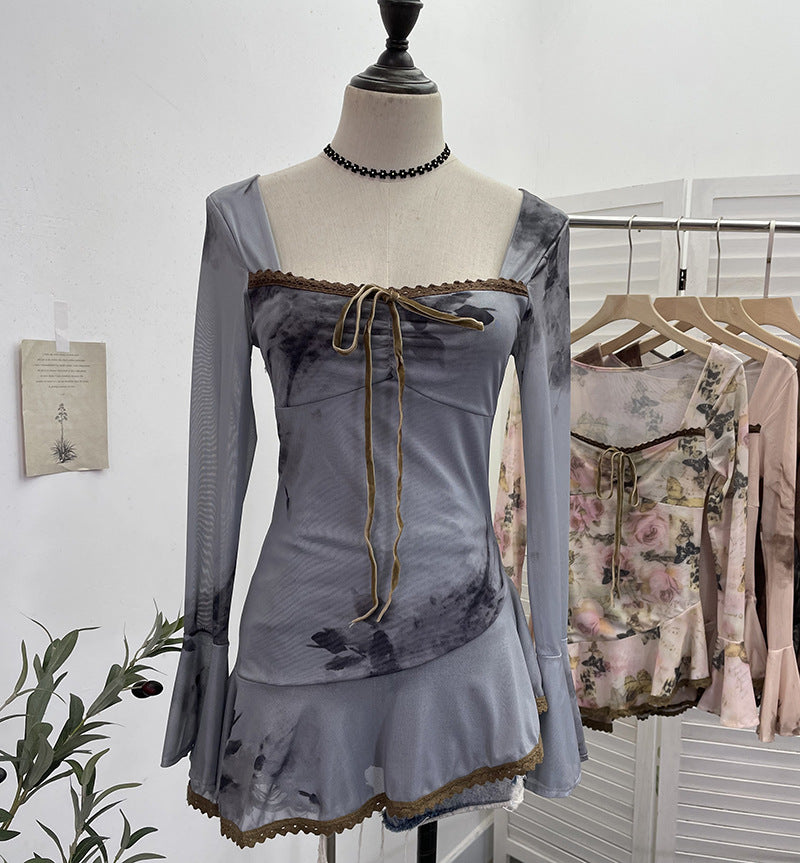 2000s fashion Spring and Summer New French Square Collar Lace-up Blooming Flared Long-Sleeved Top Lace Edge Design T-shirt