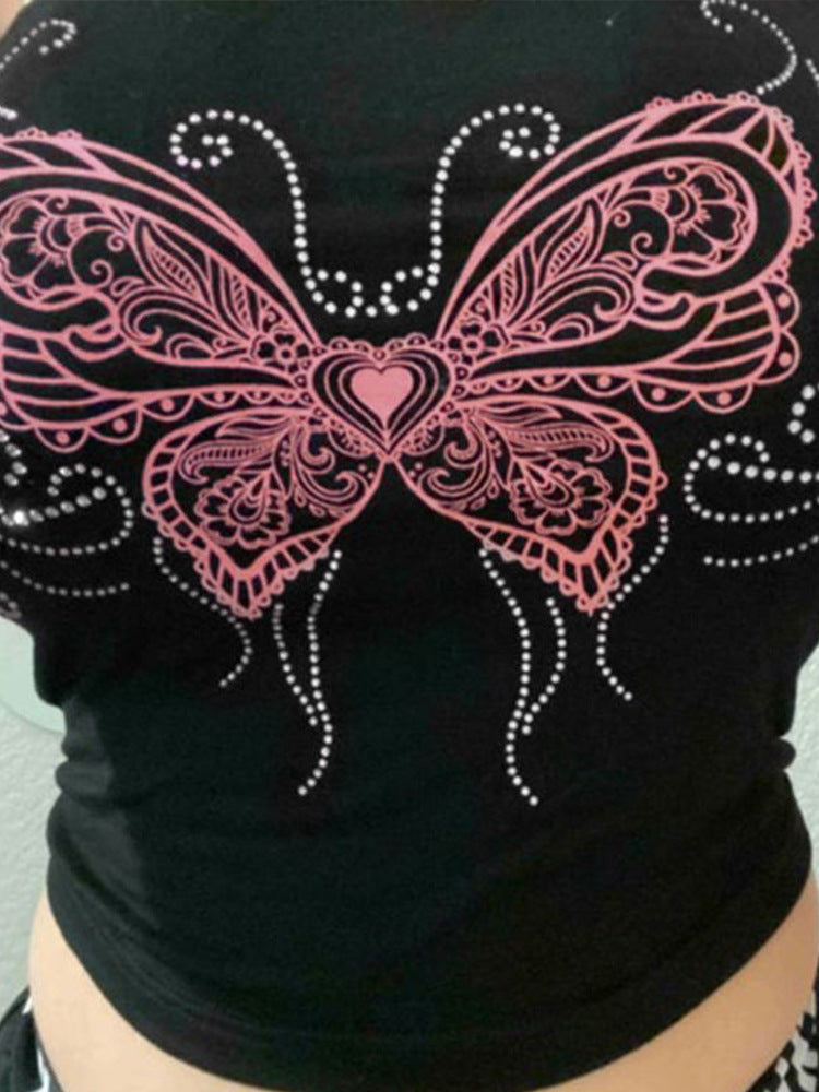 y2k 2024 Women Tube Top Sexy Y2g Women Top Butterfly Print Rhinestone