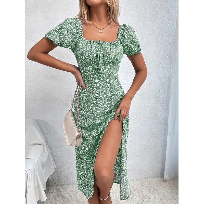 LIZAKOSHT  -  Women's Ditsy Floral Print Puff Sleeve Split Thigh Dress, Boho Short Sleeve Tie Front Square Neck A Line Midi Dress for Beach Holiday Vacation, Ladies Summer Clothes