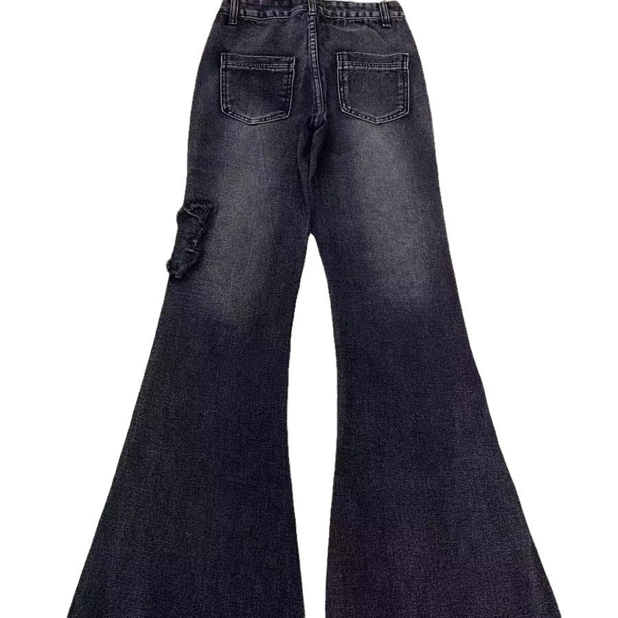 y2k American Retro Butterfly Stitching Frayed Jeans Women's Micro Horn Loose Slimming Straight Mop Pants Spring and Autumn New