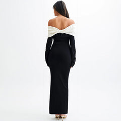 business casual outfits for women Style 2024 Autumn Fashionable Elegant Contrast Color off-Shoulder Long Sleeve High Waist Slim Fit Dress Women