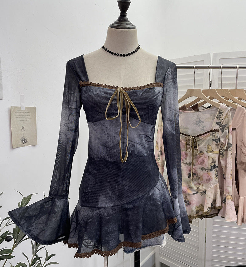 2000s fashion Spring and Summer New French Square Collar Lace-up Blooming Flared Long-Sleeved Top Lace Edge Design T-shirt