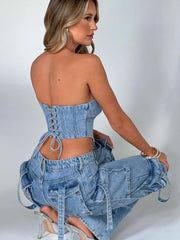 LIZAKOSHT  -  Cross-border European and American New Personalized Multi-pocket Wide-leg Overalls for Women in Autumn, Slim and Versatile Straight Jeans for Women