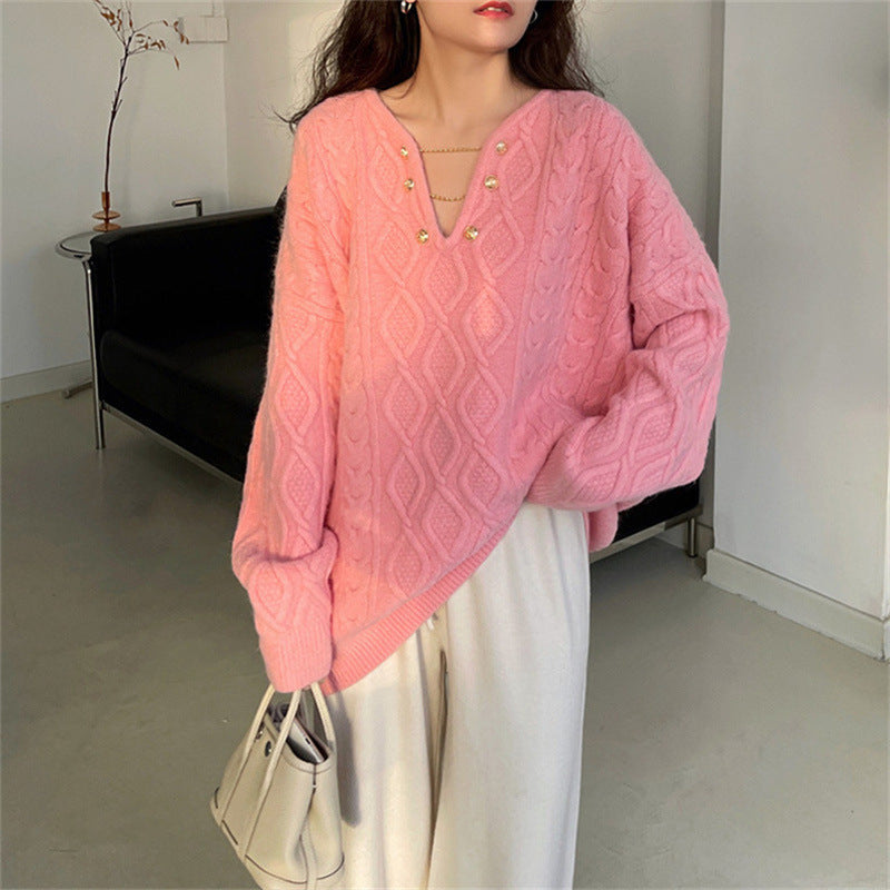 Lizakosht Sweater Women's autumn Winter Retro Handmade Three-dimensional Flower Lazy Wind Sweater Loose-Fit Sweaters Ladies Jumper