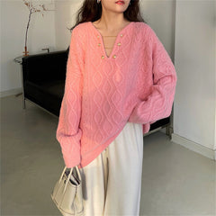 Lizakosht Sweater Women's autumn Winter Retro Handmade Three-dimensional Flower Lazy Wind Sweater Loose-Fit Sweaters Ladies Jumper