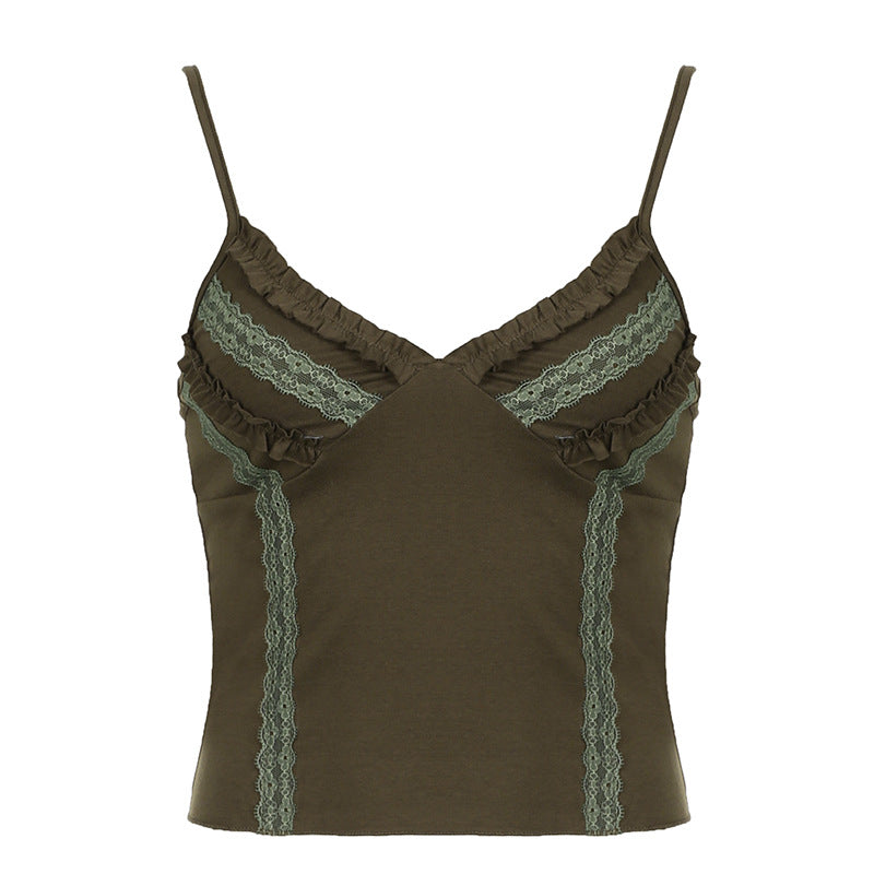 American-Style Retro Pleated Lace V-neck Camisole Women's Inner Chest Tight Waist Backless Bottoming Vest Short Top