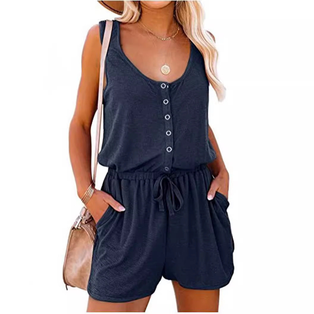 LIZAKOSHT  -  Fisoew Women's Summer Scoop Neck Sleeveless Button Down Tank Top Rompers Elastic Waist Shorts Outfits with Pockets