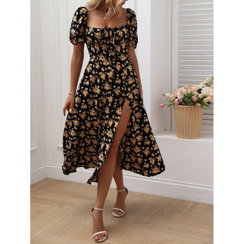 LIZAKOSHT  -  Women's Ditsy Floral Print Puff Sleeve Split Thigh Dress, Boho Short Sleeve Tie Front Square Neck A Line Midi Dress for Beach Holiday Vacation, Ladies Summer Clothes