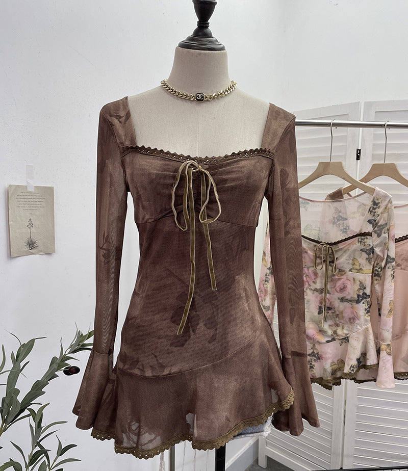 2000s fashion Spring and Summer New French Square Collar Lace-up Blooming Flared Long-Sleeved Top Lace Edge Design T-shirt