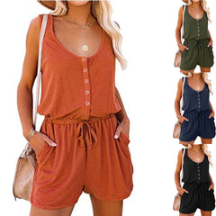 LIZAKOSHT  -  Fisoew Women's Summer Scoop Neck Sleeveless Button Down Tank Top Rompers Elastic Waist Shorts Outfits with Pockets